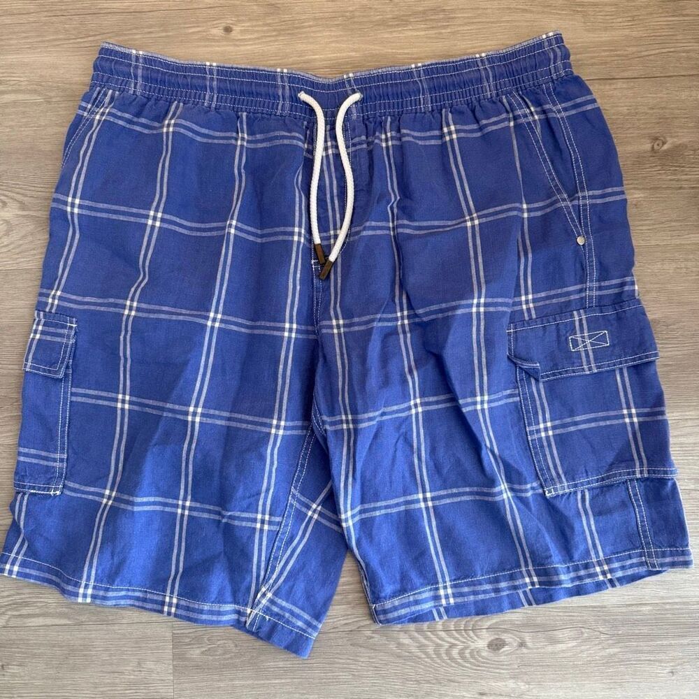 Vilebrequin Men's Linen Drawstring Cargo Shorts blue and white plaid size XXXL